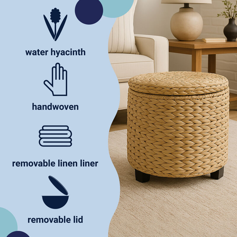 Addie 17.72" Modern Coastal Handwoven Water Hyacinth Storage Ottoman with Lid