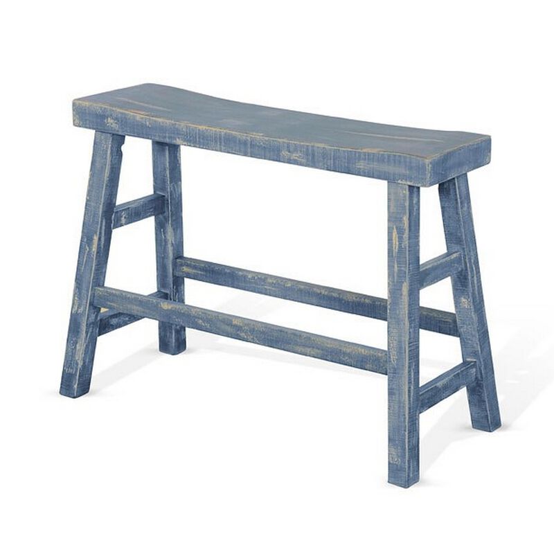 Rena Counter Height Bench | Trestle Legs with Footrests | 33" Wide Ocean Blue Mahogany Wood Frame - Benzara