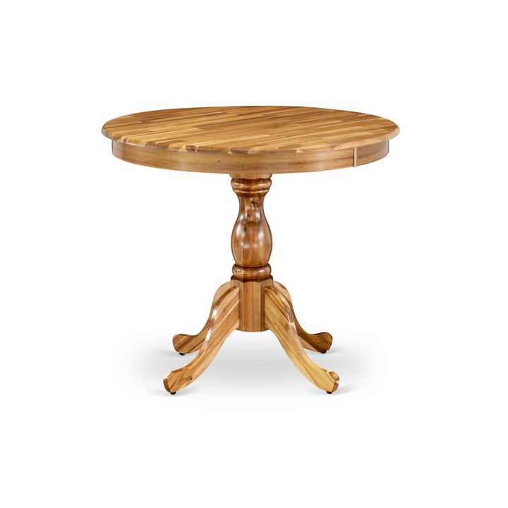 East West Furniture Round Dining Table Natural Acacia Color Table Top Surface and Asian Wood Round Table Pedestal Legs -Natural Acacia Finish