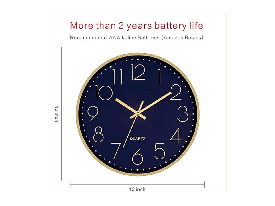 Gold Dark Blue Wall Clock 12 Inch Silent Non Ticking Modern Battery Operated