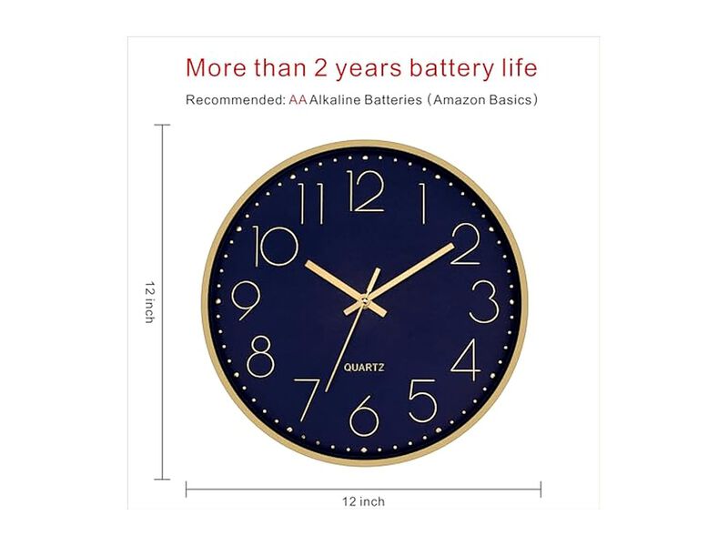 Gold Dark Blue Wall Clock 12 Inch Silent Non Ticking Modern Battery Operated image number 1