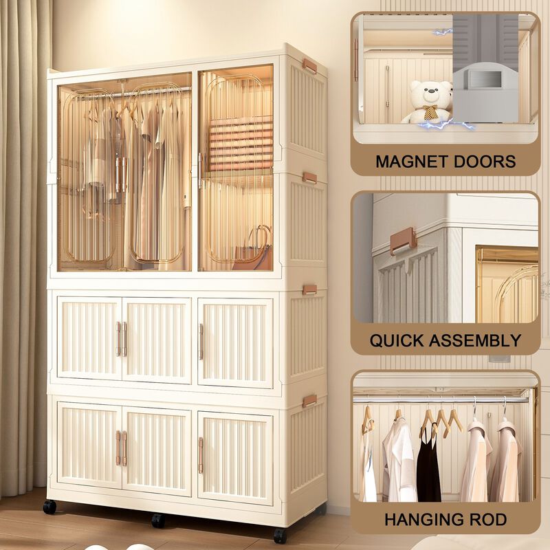 Clihome Portable Wardrobe Closet Storage Organizer 9 Magnetic Doors-9 Cubes & 1 Hanging Rod,6 pcs hangers image number 3