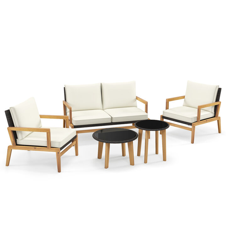 5 Piece Rattan Furniture Set Wicker Woven Sofa Set with 2 Tempered Glass Coffee Tables-Off White