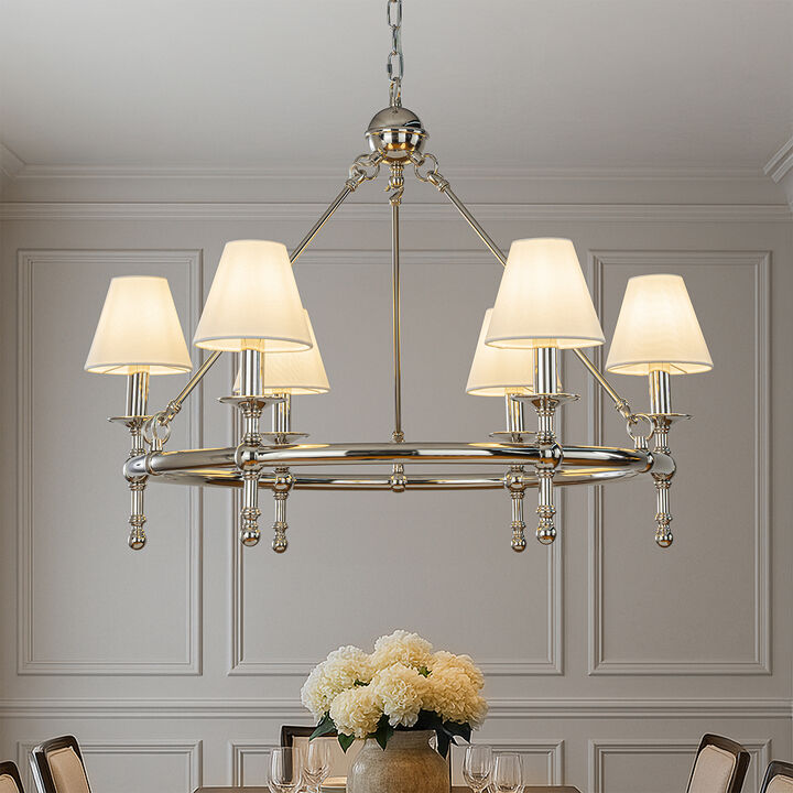 Vintage 6-Light Classic Chandelier With White Fabric Shades