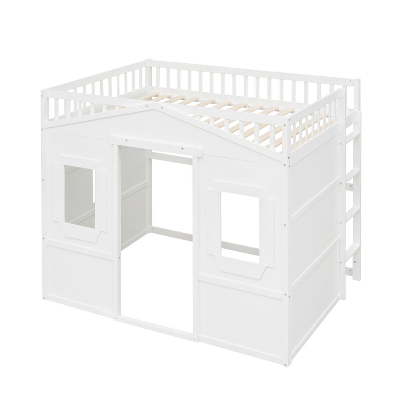 Full Size House Loft Bed With Ladder-White