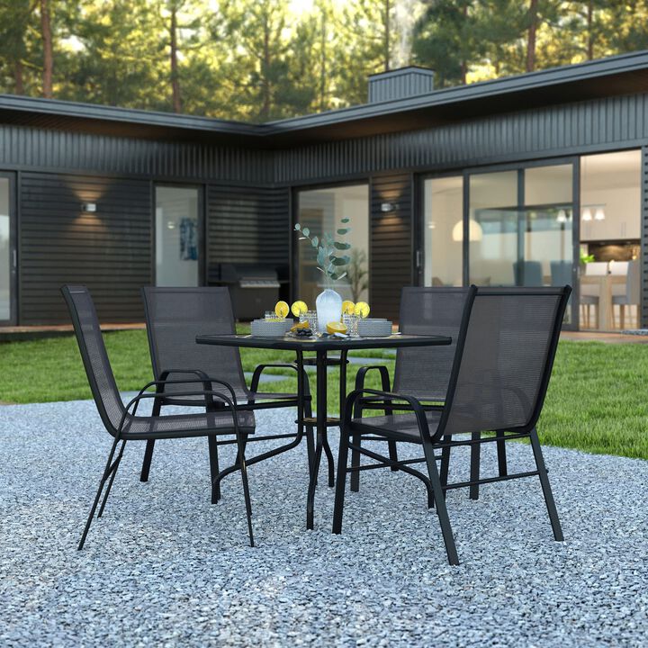 Flash Furniture Brazos 5 Piece Outdoor Patio Dining Set - 4 Black Flex Comfort Stack Chairs - 31.5" Square Tempered Glass Patio Table