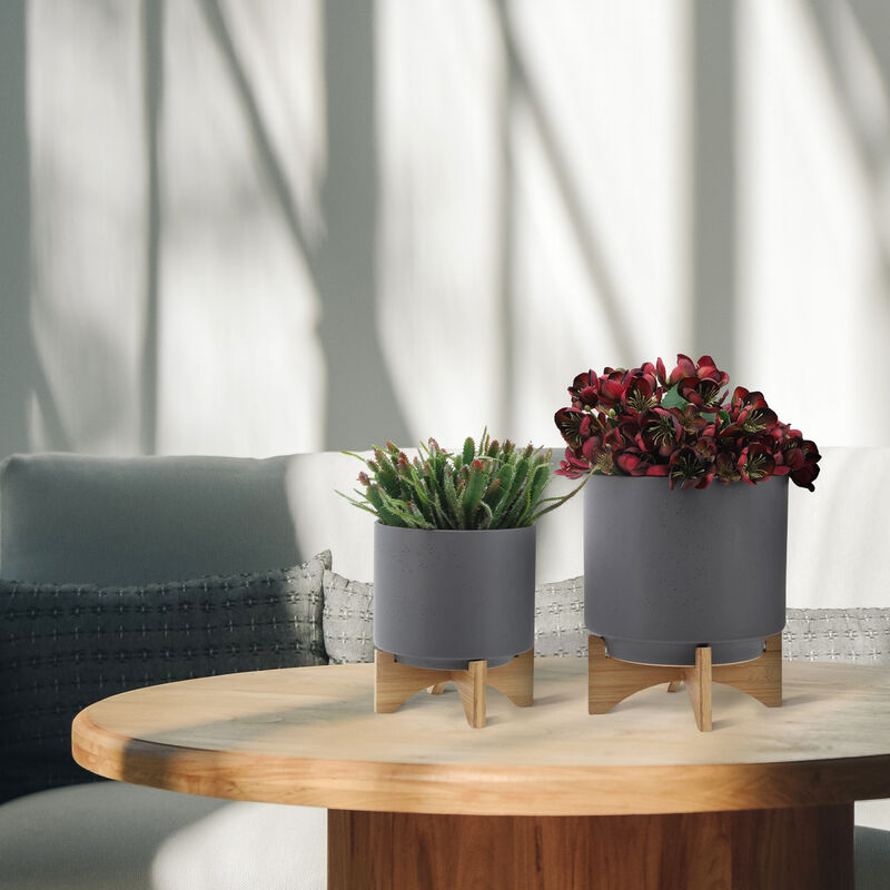 Planter with Wood Stand, Matte Gray