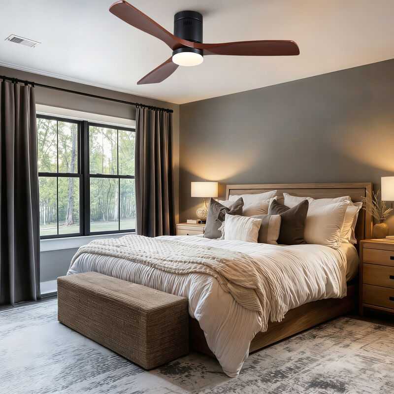 52 inch Matte Black Farmhouse Retro Solid Wood Flush Mount Intergrated LED Ceiling Fan with Light image number 2