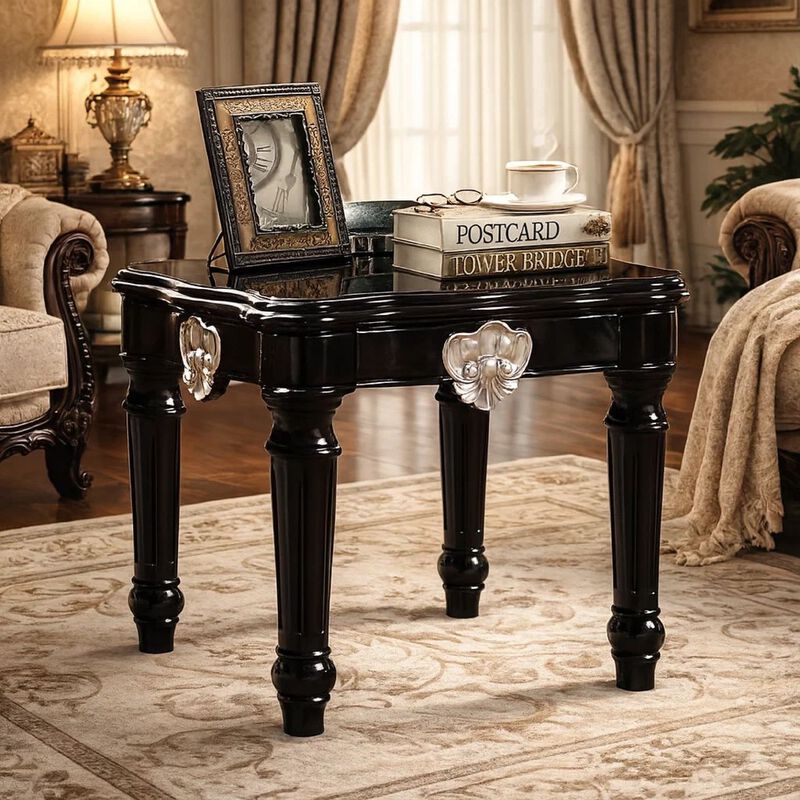 Wooden End Table With Contrast Carved Motif Turned Legs, Black image number 1