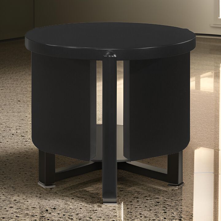 Kiya Side End Table, Panel Legs, 27 Inch Round Black Solid Wood Frame