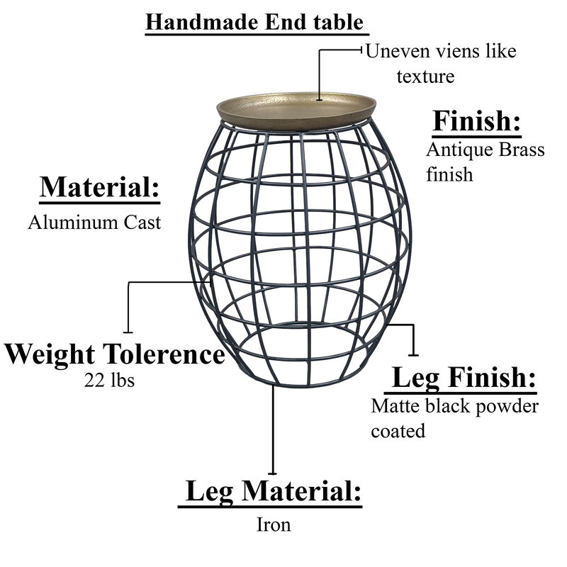 Milo 2-Piece Coffee Table and End Table Set - Round Antique Brass Tray Top with Curved Cage Design Black Iron Base