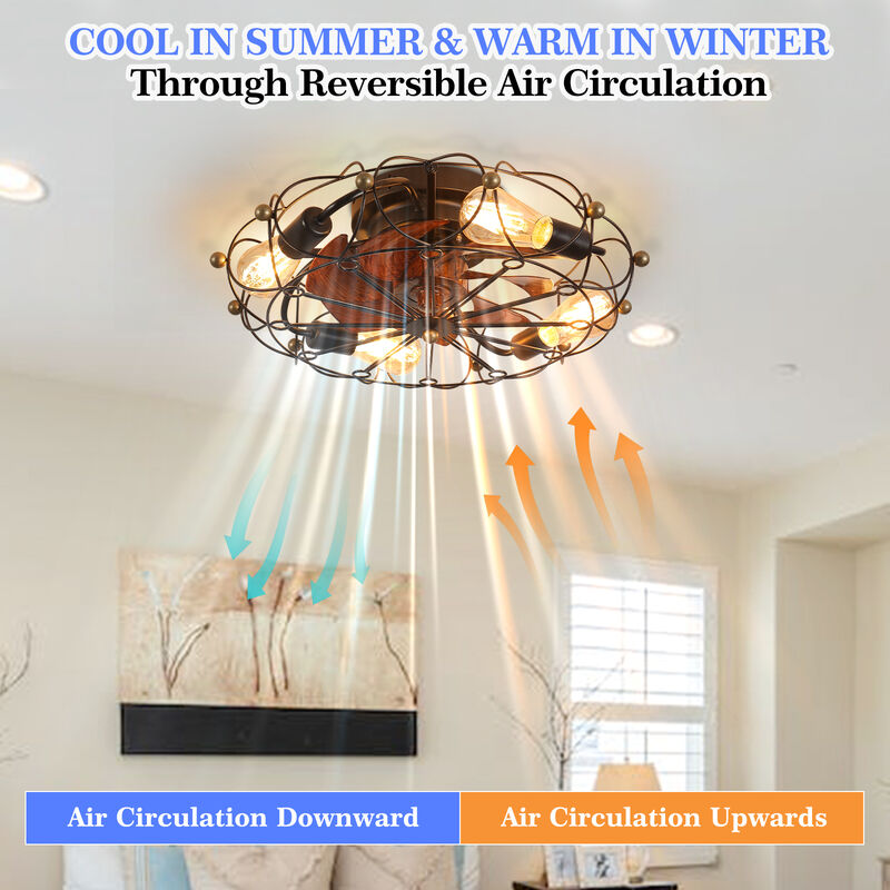 20" Low Profile Caged Ceiling Fan with Lights & Remote &ndash; Industrial Rustic Flush Mount Fan image number 3