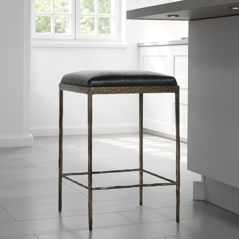 Ocea Counter Stool with Black Leather Seat, Embossed Textured Iron - Benzara