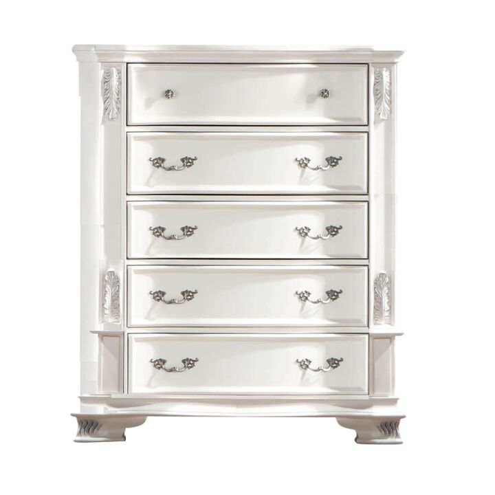 Prio Tall Dresser Chest, 5 Drawers, Classic Wood Carvings, Pearl White