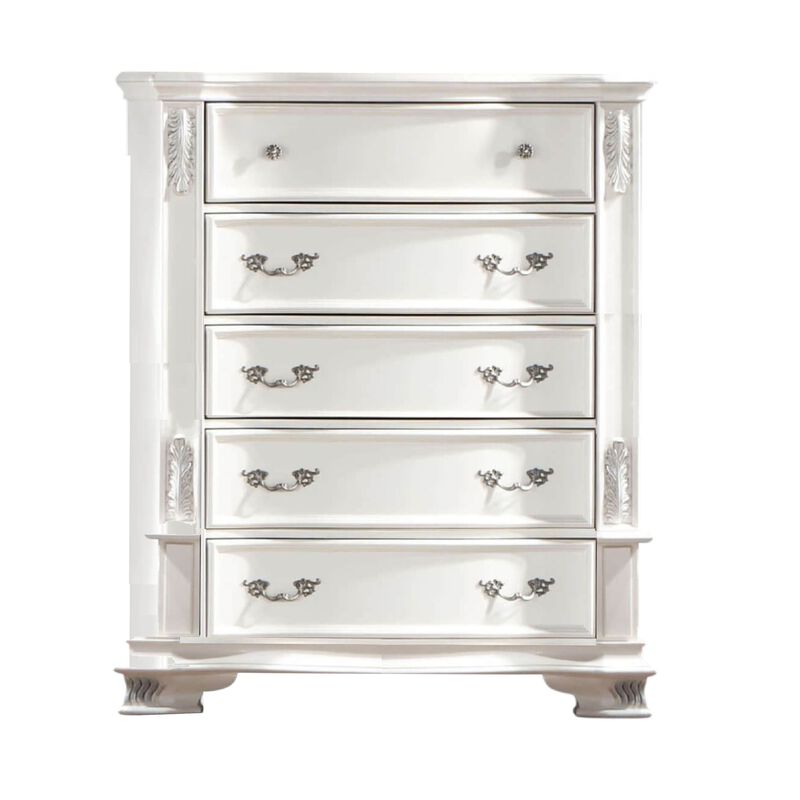 Prio Tall Dresser Chest, 5 Drawers, Classic Wood Carvings, Pearl White