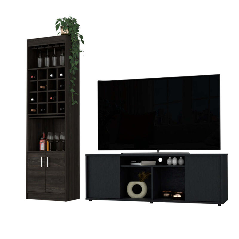 Capistrano 7-Shelf 4-Door 2-piece Living Room Set, TV Stand and Bar Cabinet Black and Espresso