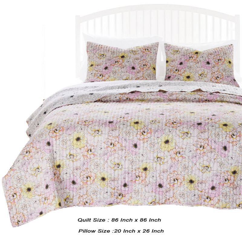 Milan 3 Piece Microfiber Blooming Flower Pattern Queen Quilt Set, White and Pink - Benzara