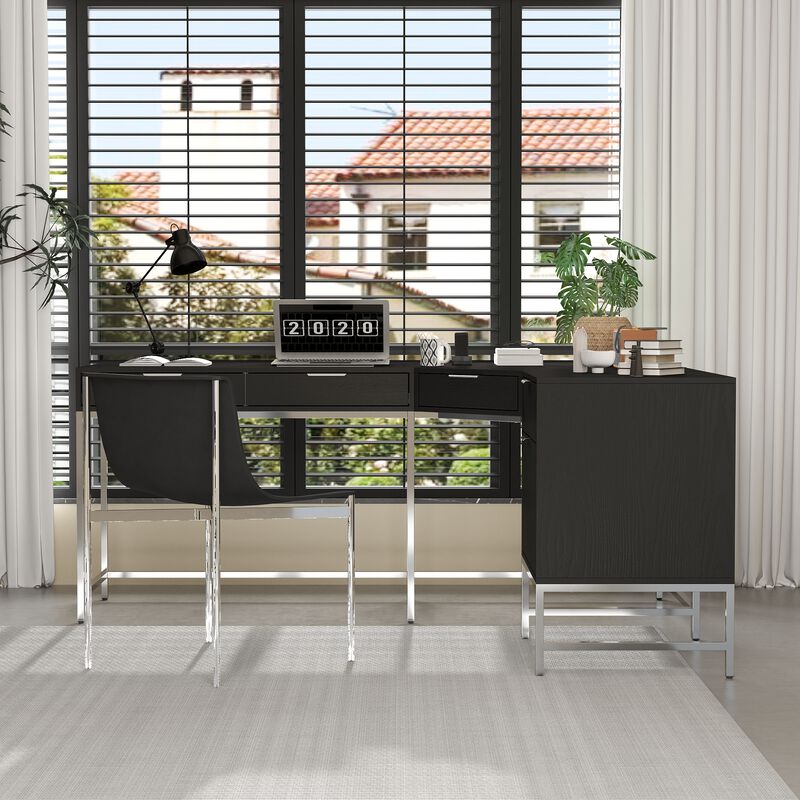 FUFU&GAGA L-Shaped Corner Desk with Drawers and File Cabinet, Black Embossed Finish, Metal Frame, Home Office Computer Workstation with Storage (70.9” x 55.1” x 29.9”), Black