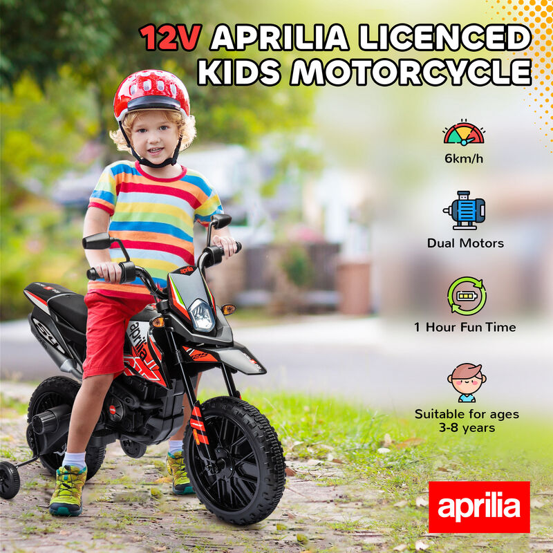 BreeBe 12V Aprilia Licenced Kids Motorcycle with Training Wheels, Spring Suspension, LED Light, USB, Music image number 3