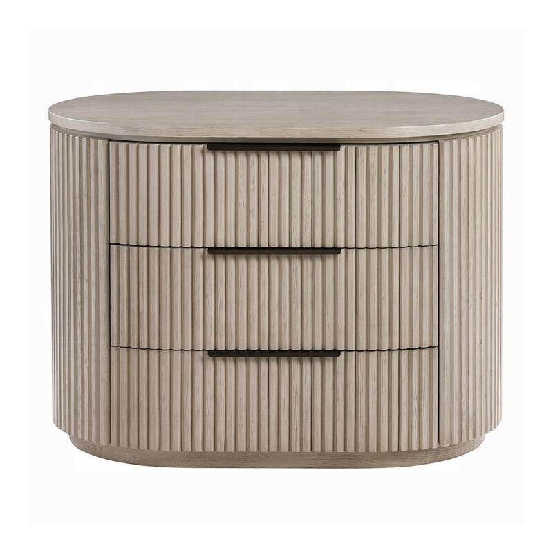 Dery Nightstand with USB Ports, 3 Ribbed Front Drawers, Light Oak Brown image number 2