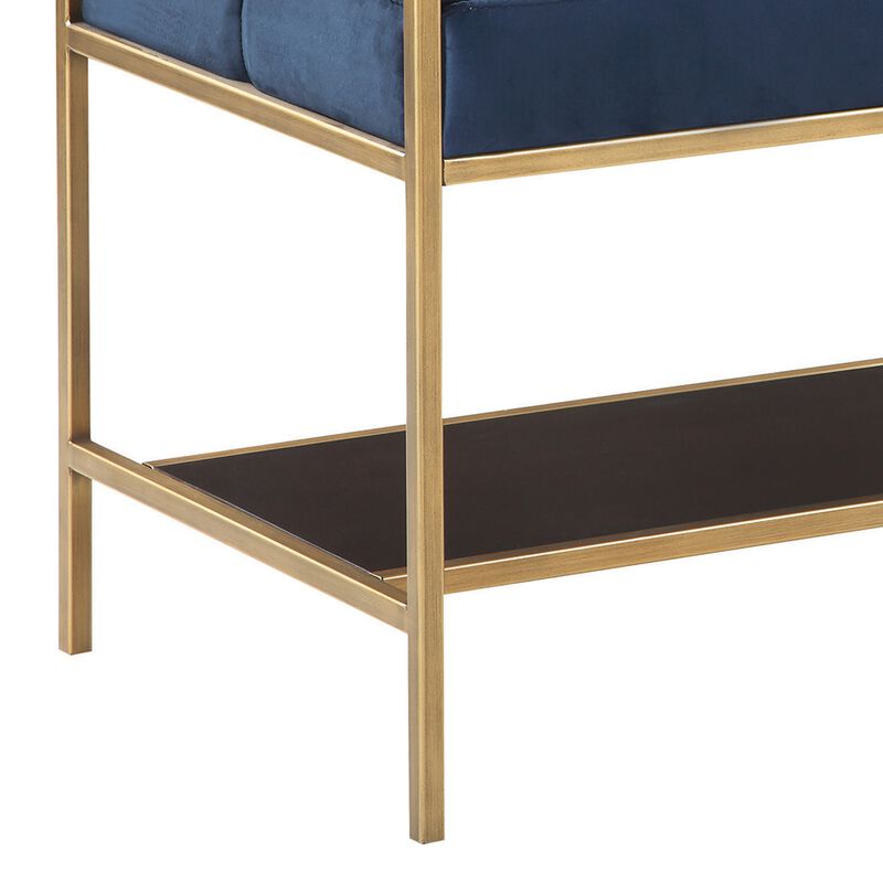Metal Bench with Fabric Upholstered Plump Seats, Gold and Blue-Benzara