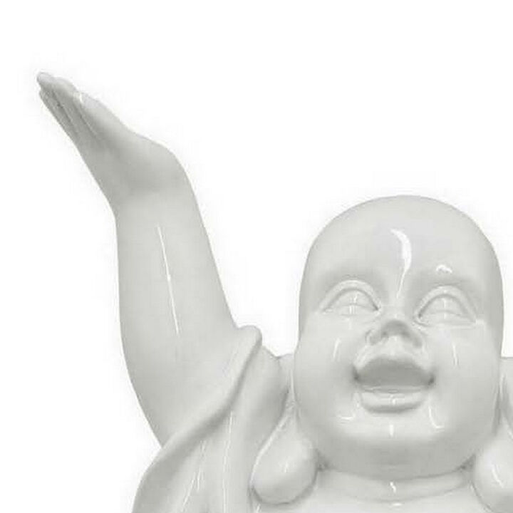 Lauren 17 Inch Buddha Figurine, Resin Frame, Fade Resistant, Shiny White - Benzara