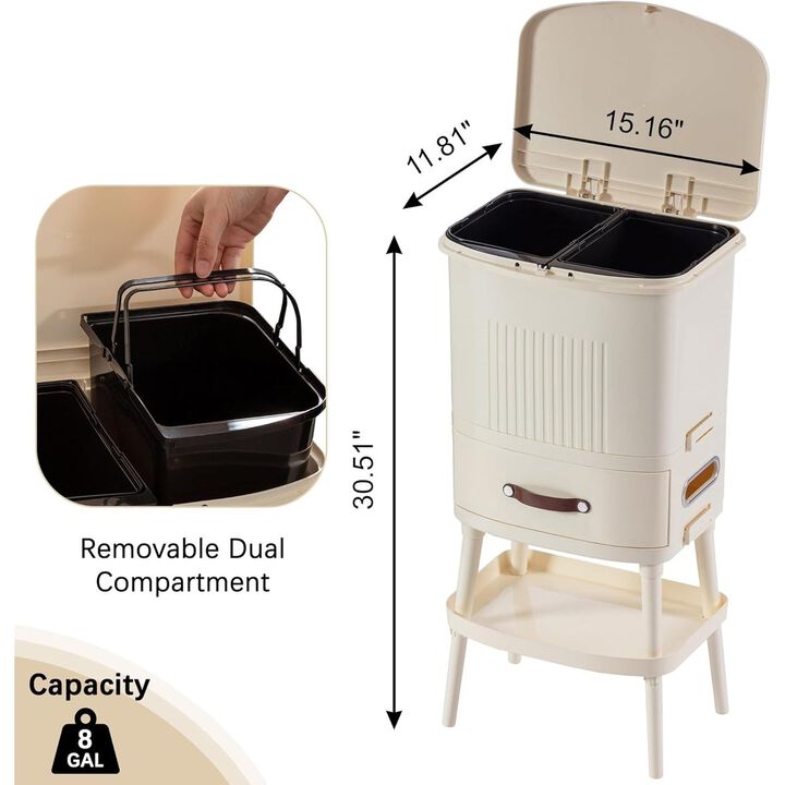 8 Gallon Elevated Trash Kitchen Can with Lid and Storage Shelf