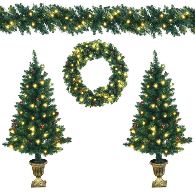 4-Piece Christmas Decoration Set with Pre-Lit Wreath, Garland, and Entrance Trees image number 0