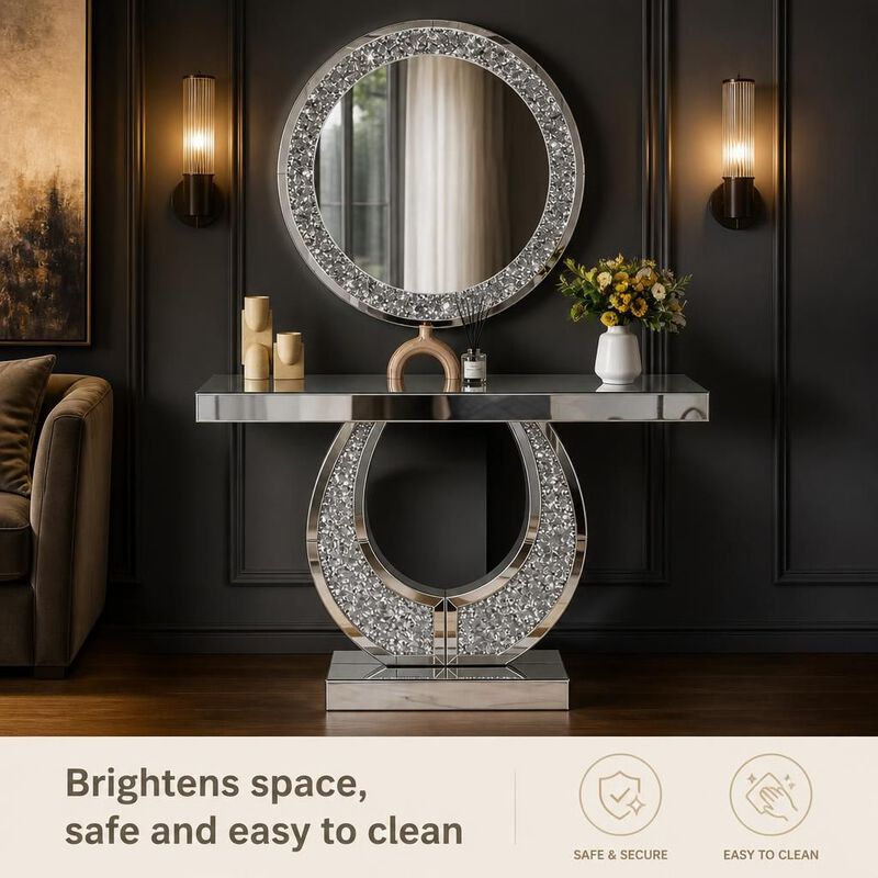 GOODSILO 45 Inch O-Shaped Mirrored Console Table with Crushed Diamond Inlay, Modern Silver Entryway Table for Hallway Living Room image number 4