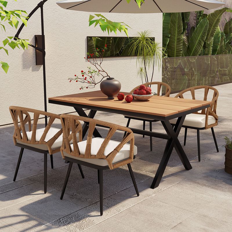 Mondawe Outdoor 5Pcs Modern Rattan Dining Set,Weatherproof Dining Table & Chair Set For Patio Garden
