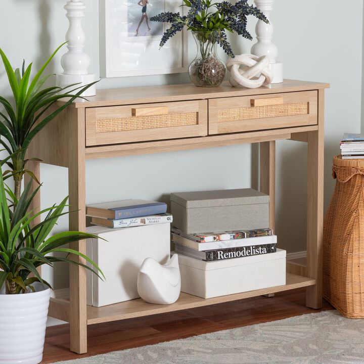 Baxton Studio Sebille Mid Century Light Brown Finished 2 Drawer Console Rattan Table