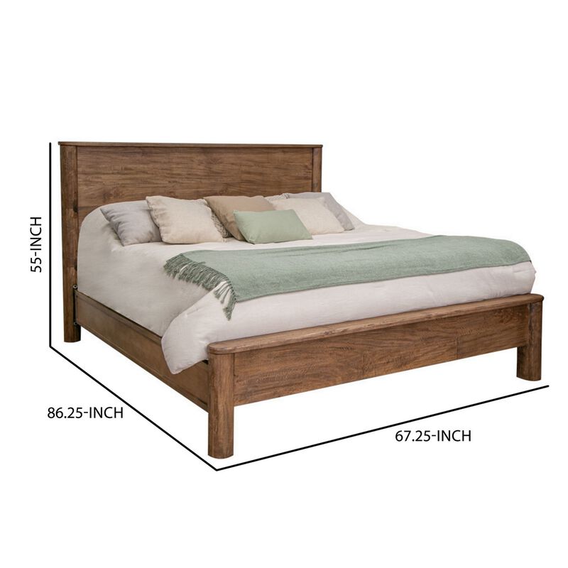 Olum Queen Size Bed, Mango Wood, Grain Details, Rounded Edges, Rustic Brown - Benzara