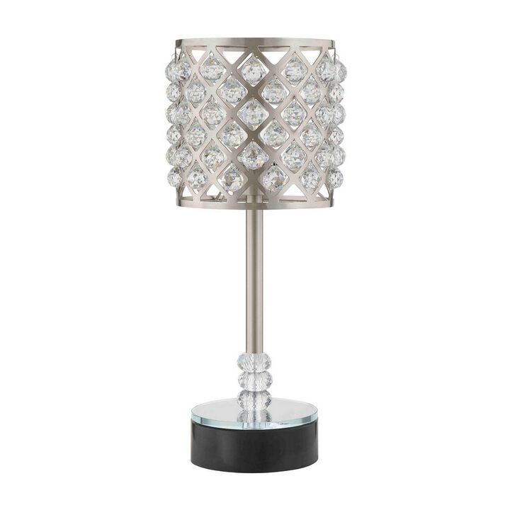 Dany 24 Inch Table Lamp with Crystal Drum Shade, Metal, Brushed Nickel-Benzara