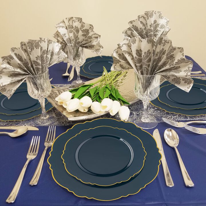 Navy with Gold Rim Round Blossom Plastic Dinnerware Value Set (40 Sets)