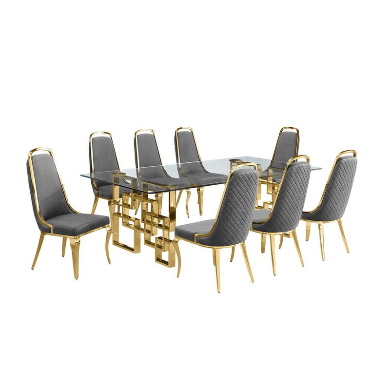 9-piece glam dining set with 8 Dark grey chairs and one 95"  glass dining table