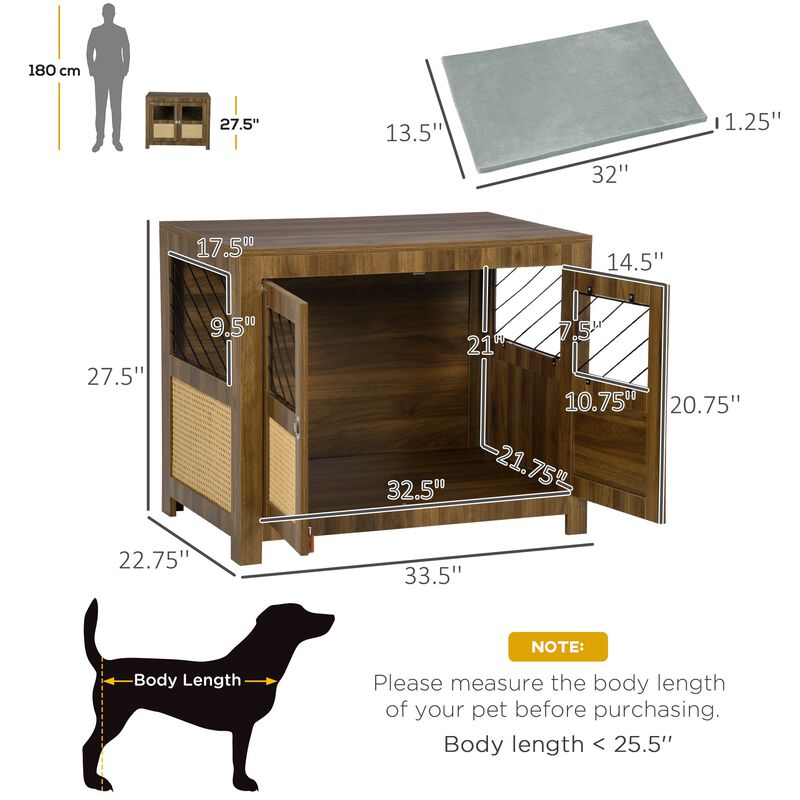 Walnut Pet Furniture: Dog Crate End Table with Cushion and Doors