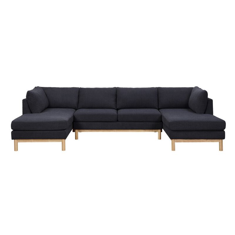 Hle 124 Inch Wide Sectional Sofa Double Chaise, U Shape, Black Sherpa, Wood