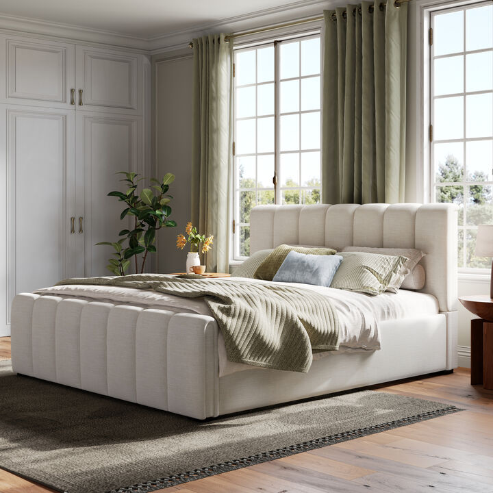 Christopher Knight Home Gideon Modern Linen Upholstered Bed Frame With Thick Headboard and Rubberwood Legs