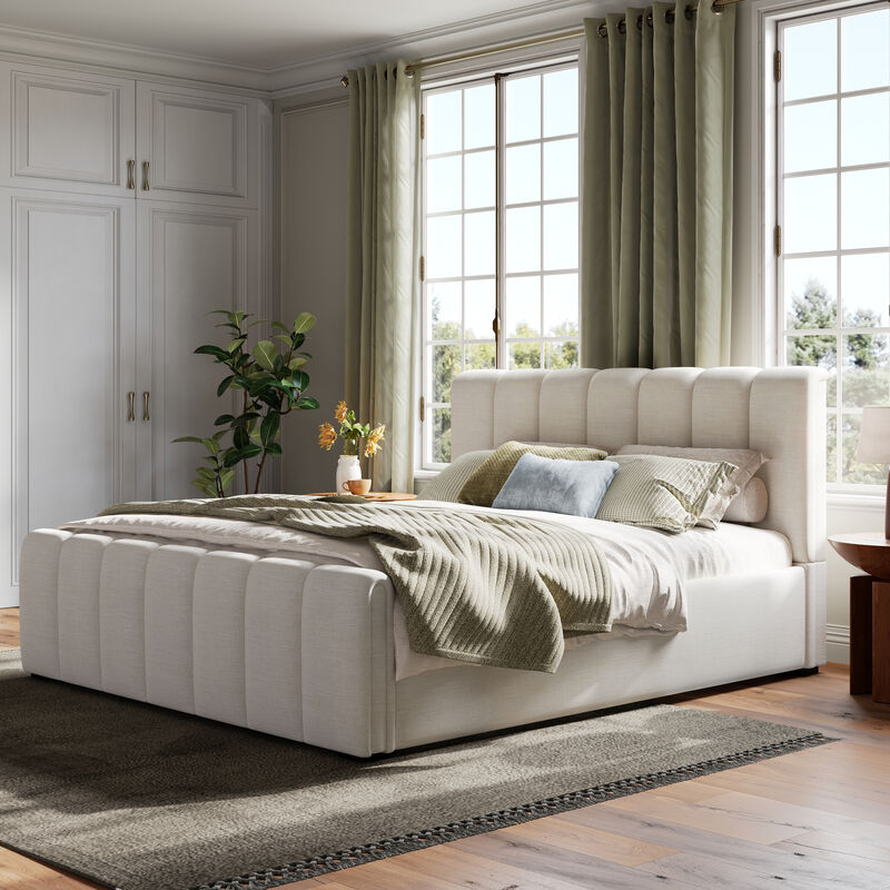 Christopher Knight Home Gideon Modern Linen Upholstered Bed Frame With Thick Headboard and Rubberwood Legs image number 1