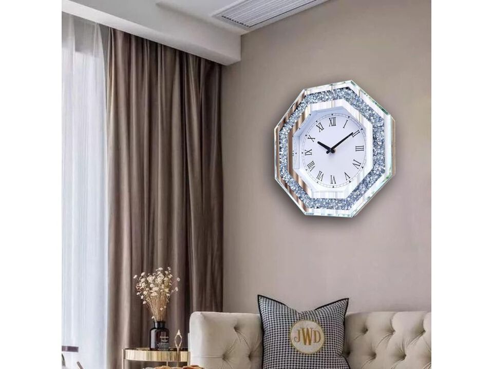 12" Octagon Mirror Glass Wall Clock - Cute Diamond Design Non-Ticking Decor for Bedroom & Dining Room