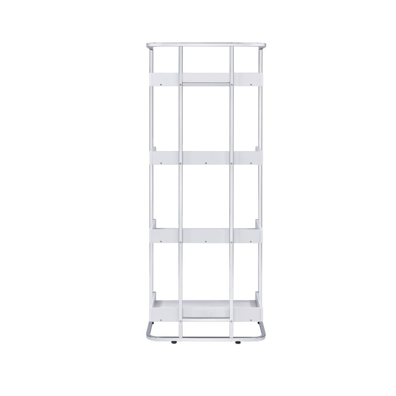 68 Inch Modern Bookcase, 4 Glossy White Tray Shelves, Chrome Steel Frame-Benzara image number 4