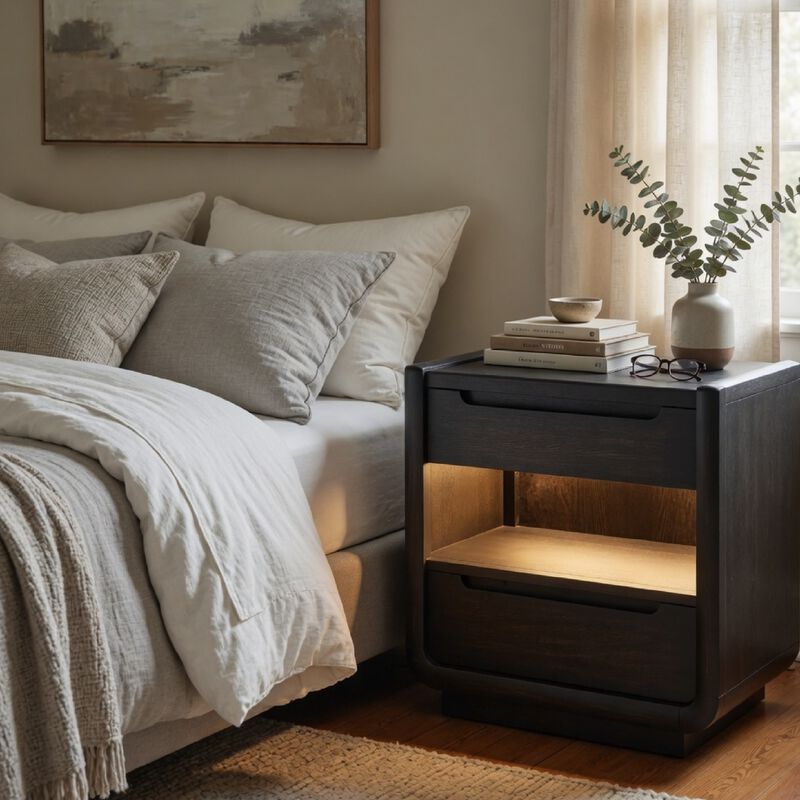 Lina Nightstand with 2 Drawers, LED Light, Dual USB Port, Black Wood image number 1