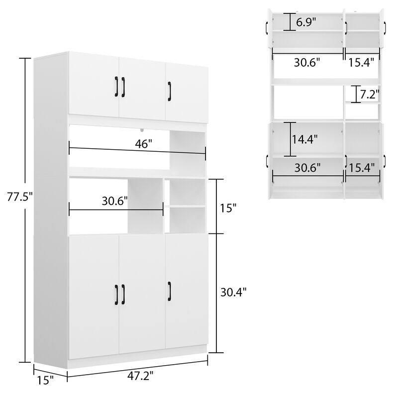White Wooden Sideboard, Food Pantry, Wine Cabinet, Storage Cabinet with 4 Cabinet and 4 Open Shelves