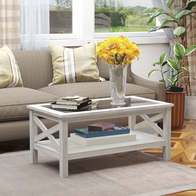 White Oak Living Room Table: Farmhouse Coffee Table with Glass Top