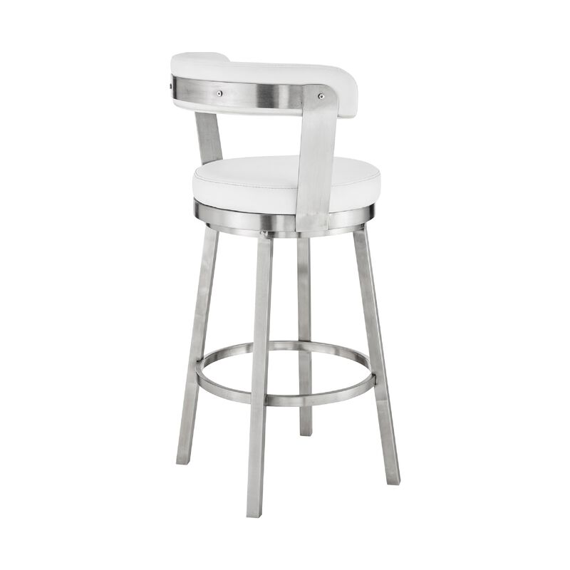 Swivel Counter Barstool with Curved Open Back and Metal Legs, White and Silver-Benzara