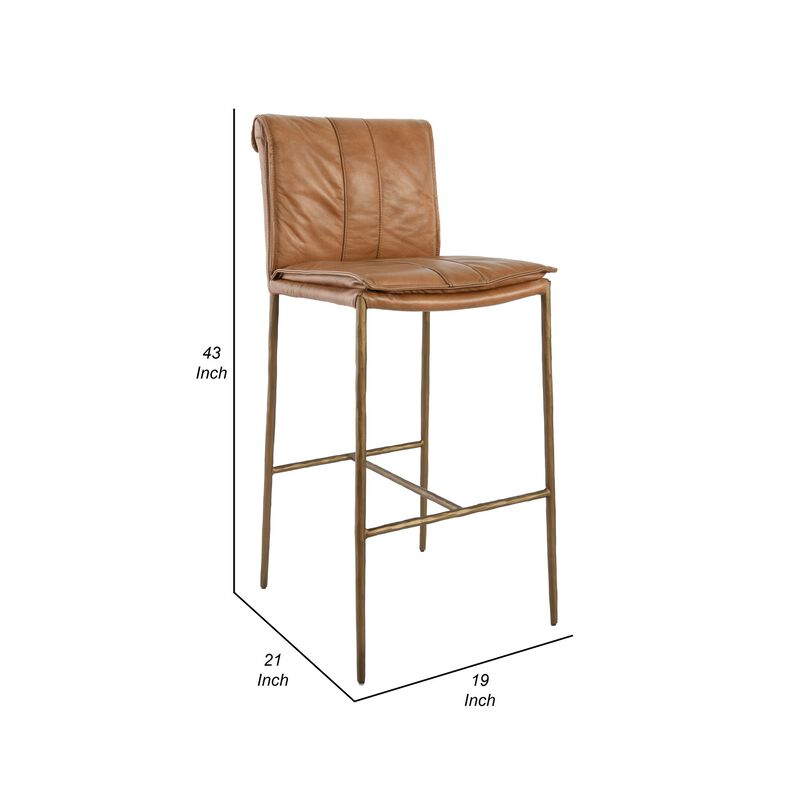 Iva 31 Inch Bar Stool Chair, Padded, Rolled Back, Tan Top Grain Leather-Benzara