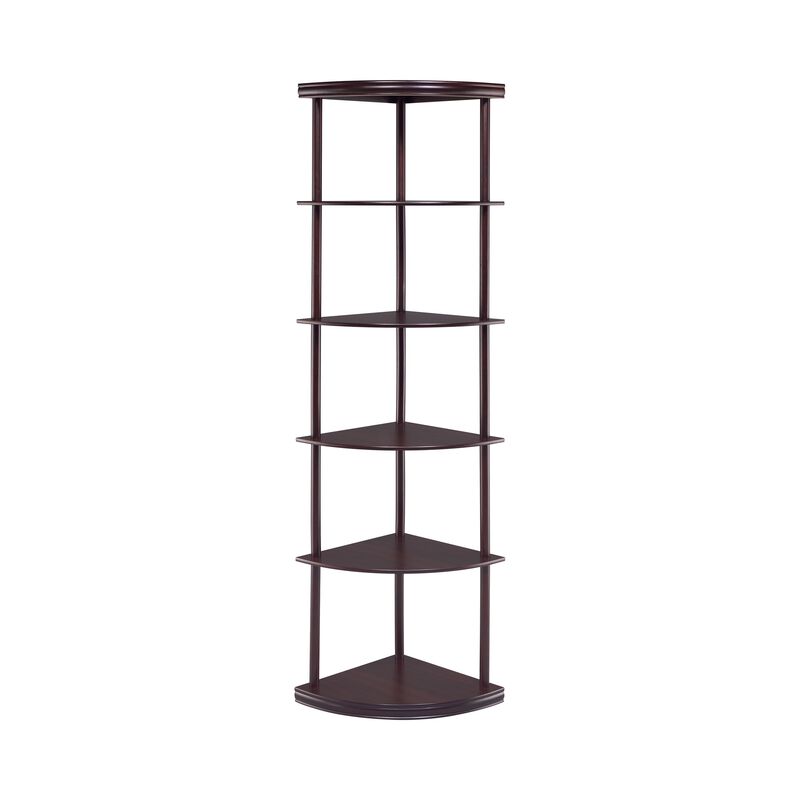 Illuminating corner bookcase with five pie shaped shelves, Brown