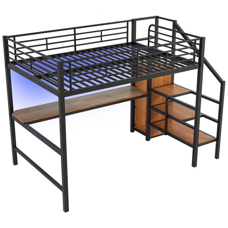 Whisen Full Size Metal Loft Bed with Desk, Storage Staircase, Small Wardrobe and LED Light