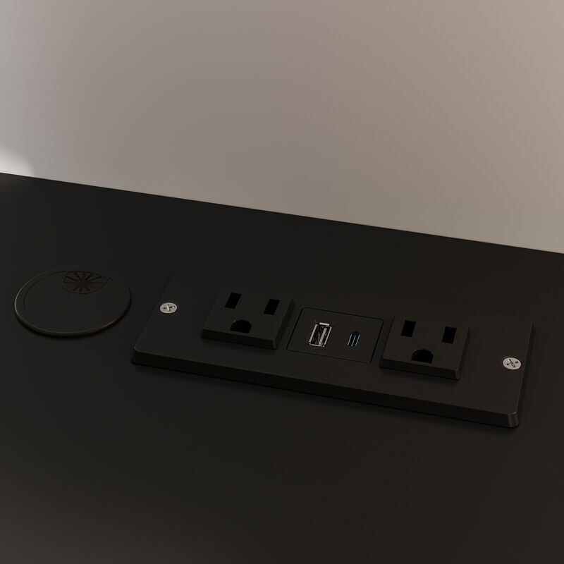 FUFU&GAGA Rustic Office Desk with Transparent Glass Doors, Shelves, Multiple Drawers, Large Storage Space, and Power Strip, (57.9 in. W x 10.7 in. D x 78.7 in. H), White and Black