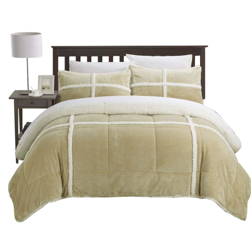Chic Home Camille Soft Plush Microsuede Chloe Sherpa Lined 3 Pieces Comforter Set - Queen 86x92, Camel